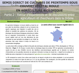 Couverture de la plaquette "Semis direct de cultures de printemps sous couvert végétal roulé en AB : Retour d’expériences et de discussions entre agriculteurs et chercheurs dans la Drôme"